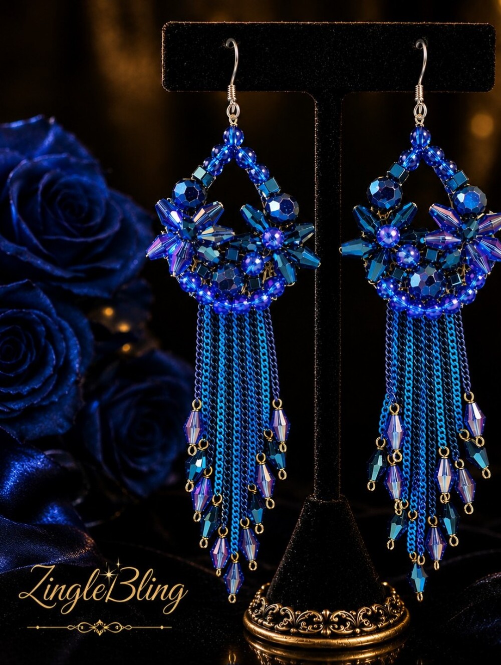 Blue Crystal Floral Tassel Statement Earrings 4 Inch Drop AB Glass Beaded Boho
